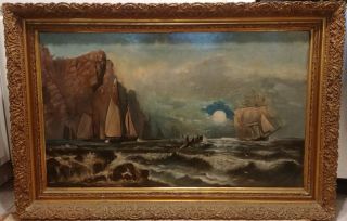 19thc Antique Signed Nautical Maritime Schooner Ship Oil Painting 22 " X 36 "