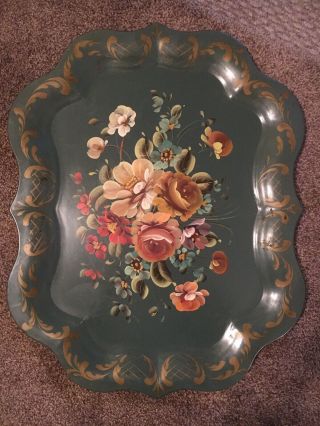Vintage Large,  Hand Painted Floral,  Chippendale Metal Tole Tray