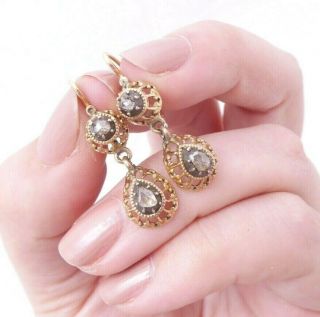 14ct Gold Rose Cut Diamond Earrings,  Antique Drop Earrings 14k 585