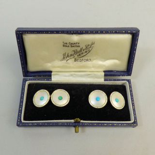 Antique 18 K Gold Turquoise Abalone & Enamel Cufflinks C.  1920 - 8 Grams