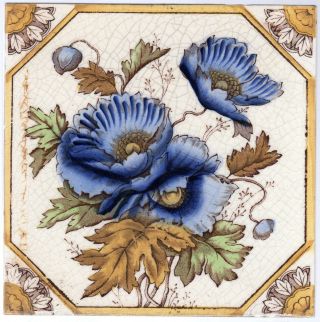 Booths,  Ltd - C1903 Blue Himalayan Poppies - Antique Victorian Hand - Tinted Tile