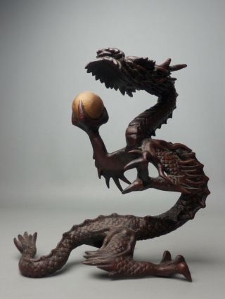 Japanese Vintage Iron Dragon " Ryu " Display Ornament Okimono Decoration Gold Ball