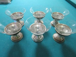 Vintage Sterling Silver Sherbet Sorbet 6 Cups Etched Glass Inserts