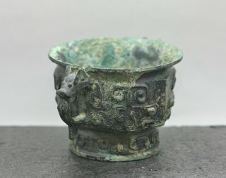 Antique Chinese Solid Bronze Vessel Cup With Ancient Archaic Design Green Patina 3