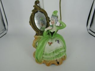 Vintage Germany Porcelain Figural Victorian Woman In Front of Mirror Lamp Base 2