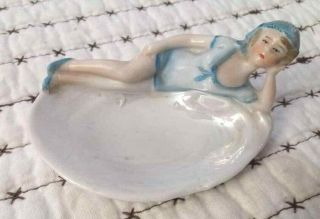 Antique Bathing Beauty Figurine Pin Dish Glazed Bisque Shell Germany