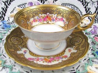 Royal Bayreuth Gold Gilt & Black Beaded Floral Tea Cup And Saucer