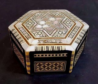 Inlaid Mother Of Pearl Hinged Lid Hexagon Wood Trinket Box From Egypt