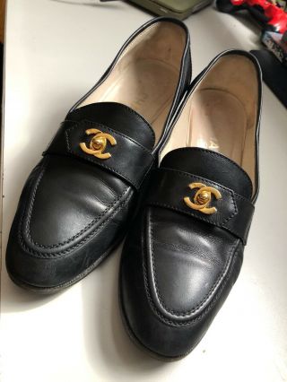 Authentic Chanel Vintage Cc Logos Pumps Shoes Black Leather Sz 37