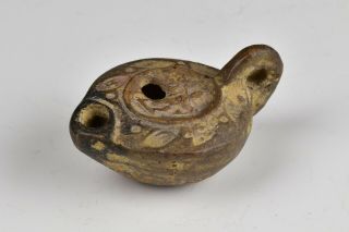 Ancient Roman Pottery Oil Lamp With Writing And Relief 5th / 6th Century Bc
