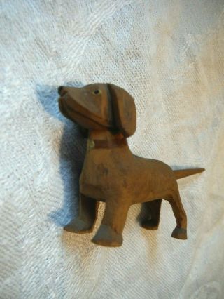 Antique Folk Art Hand - Carved/painted Miniature Wood Dog Hound Figurine - Exc
