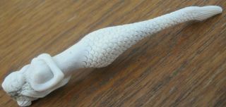Tooth Shaped Hand Carved Scrimshaw Mermaid Statue In Cervidae Deer Bone Antler