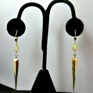 Estate Diamond Opal 14k Yellow Gold Earrings Drop Dangle 3 " Long Modernistic