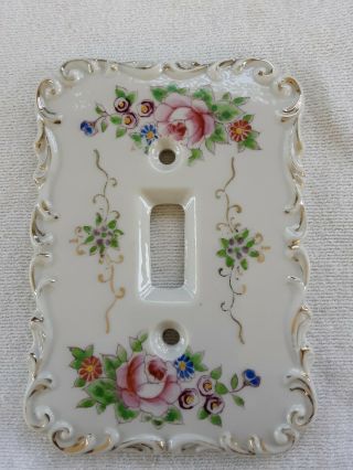 Vintage Porcelain Light Switch Plate Cover - Hand Painted By Betson Floral Roses