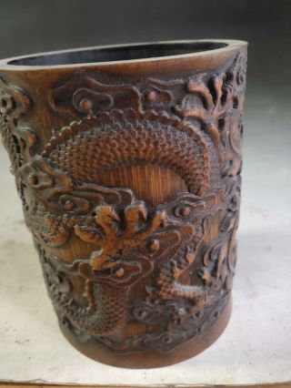 Old Chinese Bamboo Pen Holder Hand Carved Dragon Phoenix Exquisite Brush Pot