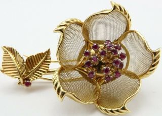 Vintage French 18ct Yellow Gold Flower Brooch Opening To Reveal Its Ruby Set Bud