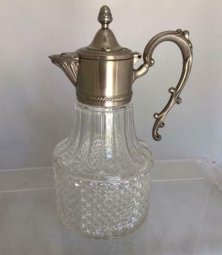 Vintage 10 " Crystal Glass Wine Water Decanter Pitcher Carafe W Silver Plate Lid