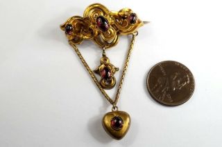 Antique Mid Victorian English 15k Gold Garnet Knot Brooch & Heart Charm Drop