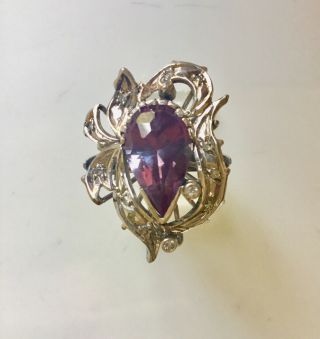 45’s 50’s Vintage Antique Palladium Alexandrite Stone Diamond Cocktail Ring