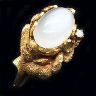 Antique Ring 14k Gold Moonstone Diamond Flower Mount Art Nouveau Inspired (6276)