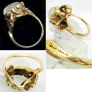 Antique Ring 14k Gold Moonstone Diamond Flower Mount Art Nouveau inspired (6276) 3