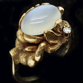 Antique Ring 14k Gold Moonstone Diamond Flower Mount Art Nouveau inspired (6276) 6