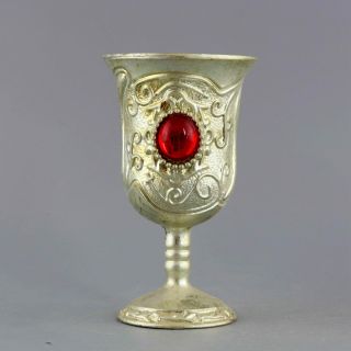 Collect Old Miao Silver Hand - Carved Flower Inlay Amber Delicate Noble Wine Cup