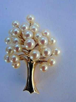 Vintage 14k Gold And Cultured Pearl Tree Of Life Brooch Pin