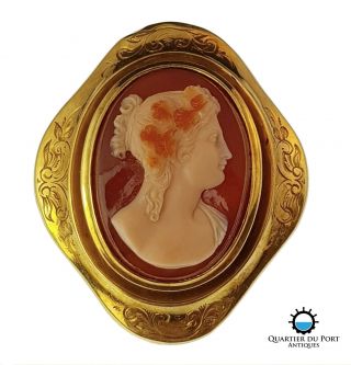 Early Victorian Antique Hardstone Cameo Brooch Signed & Dated 1846,  18k Gold