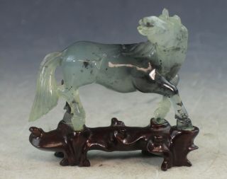 Vtg Chinese Carvd Jade Statue Of Horse W.  Wood Stand