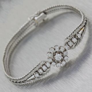Ladies Vintage Estate 14k White Gold 1.  15ctw Diamond Halo Fancy V Link Bracelet