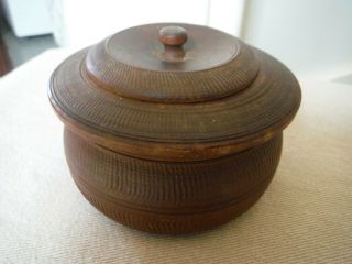 Antique Hand - Crafted Turned Wood Treen Lidded Trinket Box Container 3 5/8 " - Exc