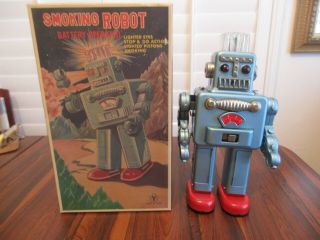 Vintage 1989 Blue Smoking Robot W/box - But Has Issues - Made In Japan