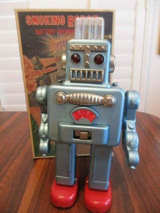 VINTAGE 1989 BLUE SMOKING ROBOT W/BOX - BUT HAS ISSUES - MADE IN JAPAN 2