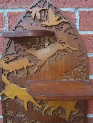 antique vintage hand carved wood black forest hunting dog deer fox shelf 2