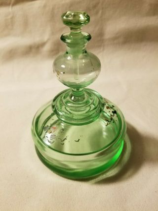 Antique Green Glass Perfume Bottle Powder Dish Stopper Combo,  Uranium Glass? 2