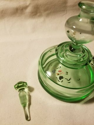 Antique Green Glass Perfume Bottle Powder Dish Stopper Combo,  Uranium Glass? 3