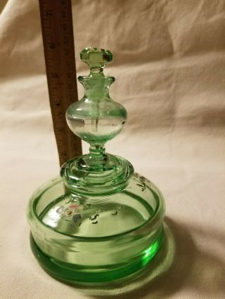 Antique Green Glass Perfume Bottle Powder Dish Stopper Combo,  Uranium Glass? 8