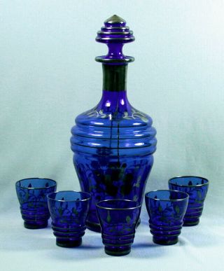 Vintage Cobalt Blue With Silver Overlay Glass Decanter Set