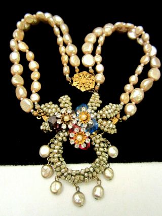Rare Vintage Signed Miriam Haskell Faux Baroque Pearl Glass Rhinestone Necklace