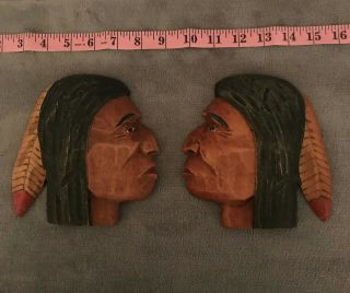 Vtg Set Of 2 Painted Wood Hand Carved Indian Head Wall Hanging Home Decor