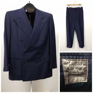 1940s Mens Suit / 40s Navy Blue Double Breasted Wool Gangster Suit / Small