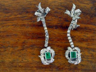 Vintage palladium ANTIQUE ART DECO COLOMBIAN EMERALD DIAMOND CHANDELIER earrings 10
