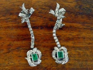 Vintage Palladium Antique Art Deco Colombian Emerald Diamond Chandelier Earrings