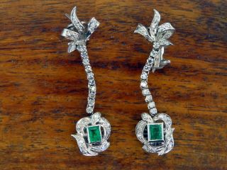 Vintage palladium ANTIQUE ART DECO COLOMBIAN EMERALD DIAMOND CHANDELIER earrings 9