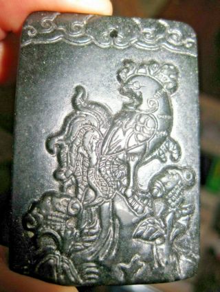 Vintage 2 " Carved Dark Jade Stone Chinese Plaque Pendant Panel Bird In Trees