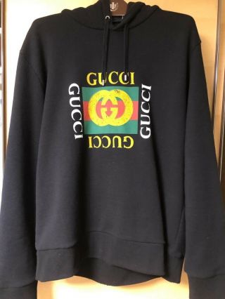 Gucci Black Cotton Hoodie Oversized Sweatshirt With Gucci Logo - Size Medium - M