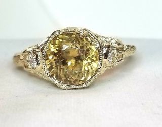 18k Yellow Gold Vintage Art Deco Filigree Ring Gem Yellow Sapphire 3.  05ct