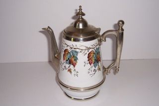 Antique Vintage Victorian Hand Painted Coffee Pot Ceramic And Metal