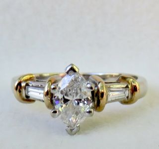 . 86 Ct.  Marquise Diamond Solitaire With Baguettes 14k Gold Engagement Ring